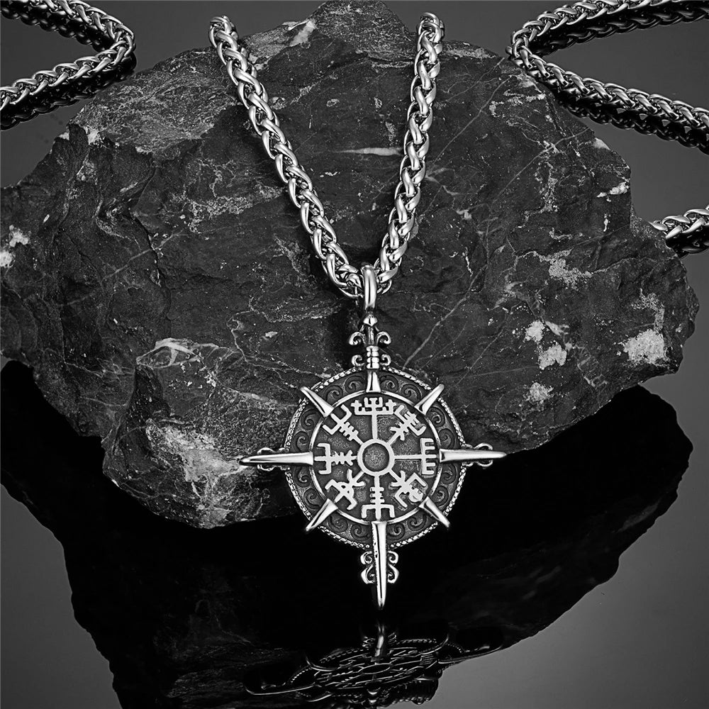 Retro Gold Color Vikings Compass Necklace Men Antique Stainless Steel Norse Rune Amulet Pendant Vegvisir Homme Icelandic Jewelry