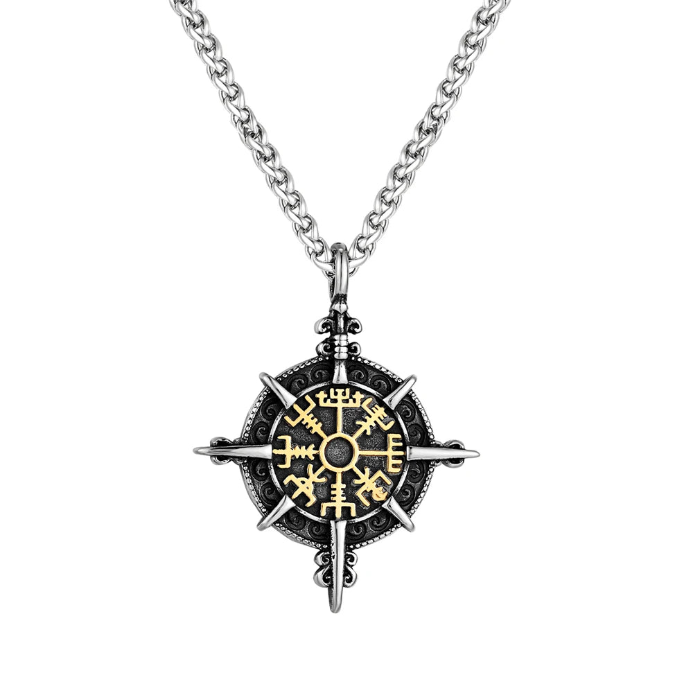 Retro Gold Color Vikings Compass Necklace Men Antique Stainless Steel Norse Rune Amulet Pendant Vegvisir Homme Icelandic Jewelry