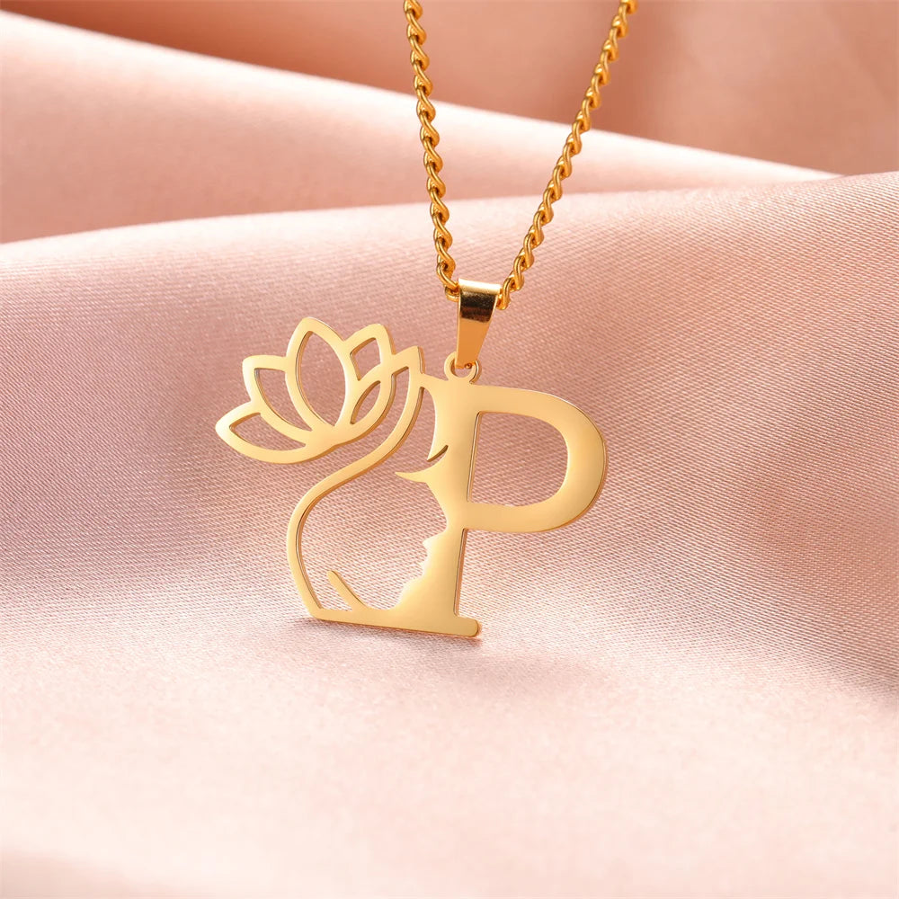 My Shape Beauty Lotus Flower Initials Necklace Women Girl Gifts Stainless Steel Letter Alphabet Pendants Choker Fashion Jewelry