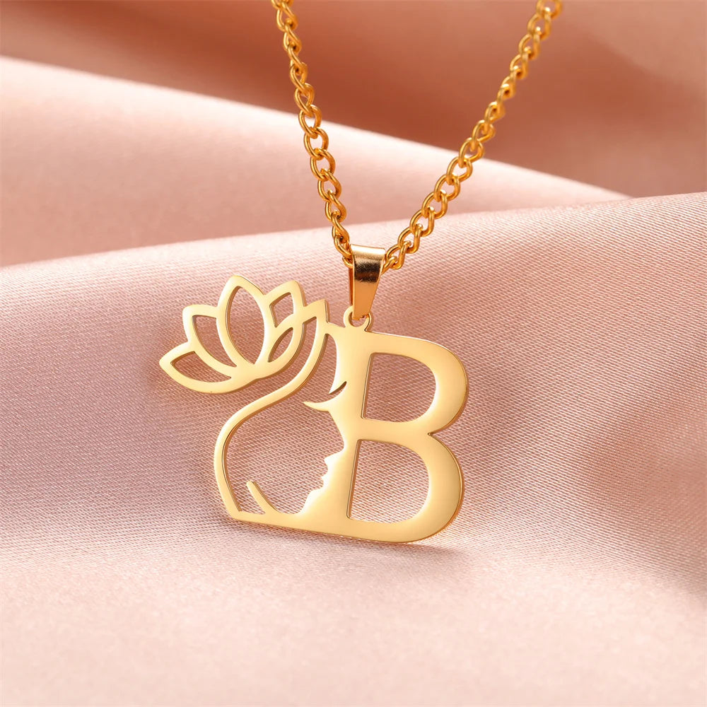 My Shape Beauty Lotus Flower Initials Necklace Women Girl Gifts Stainless Steel Letter Alphabet Pendants Choker Fashion Jewelry