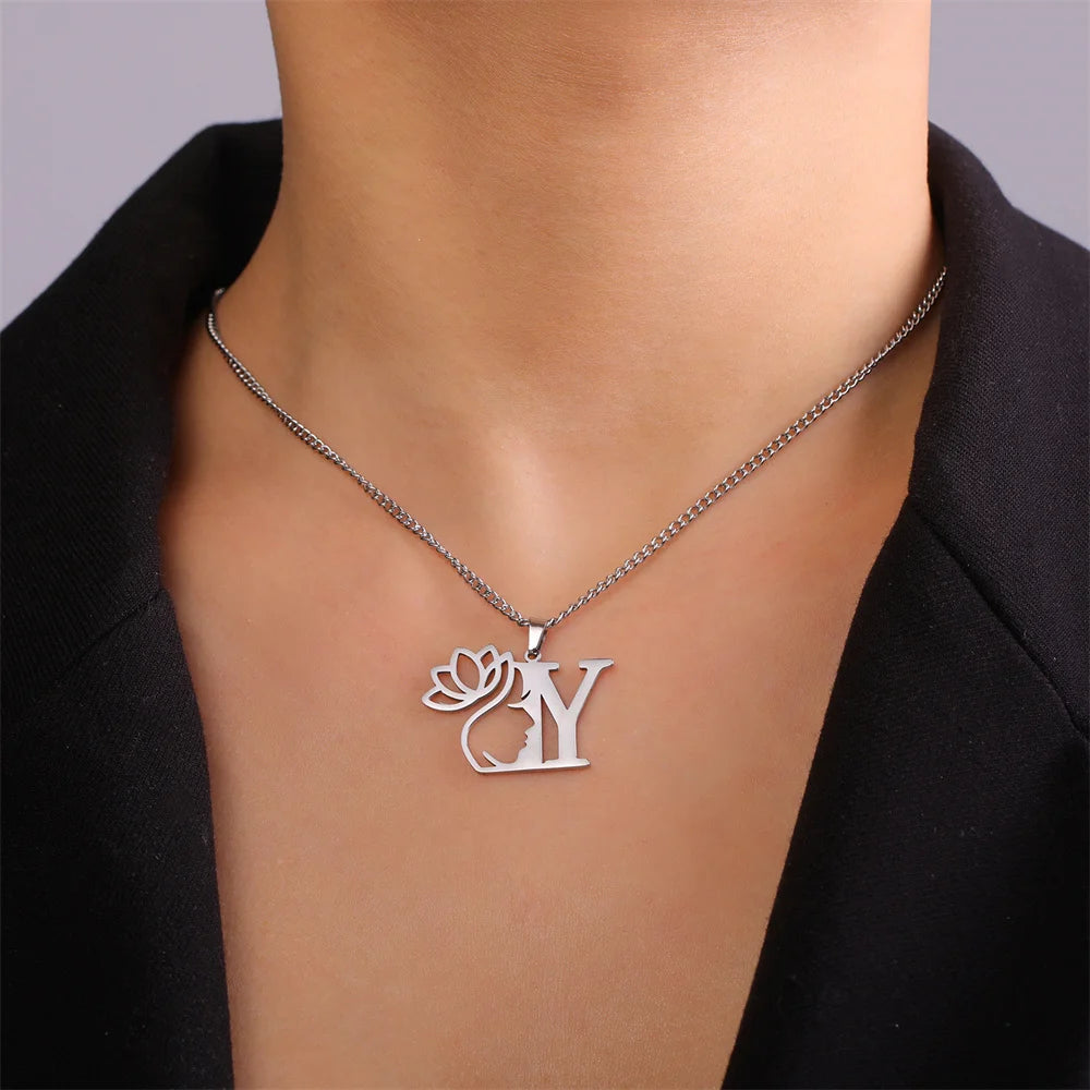 My Shape Beauty Lotus Flower Initials Necklace Women Girl Gifts Stainless Steel Letter Alphabet Pendants Choker Fashion Jewelry