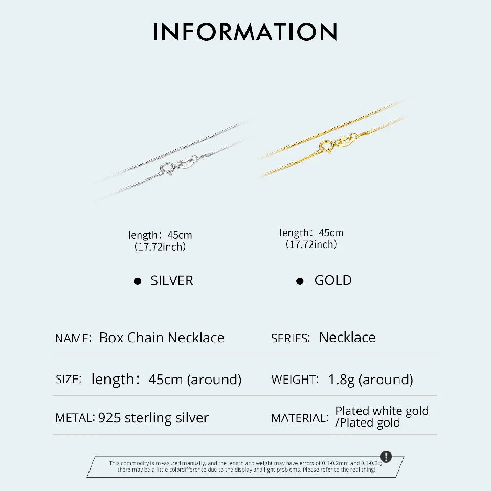 BAMOER Solid Gold Over 925 Sterling Silver Chain Necklace for Women Teens DIY, 0.8mm Box Chain Super Thin & Strong Basic Chain