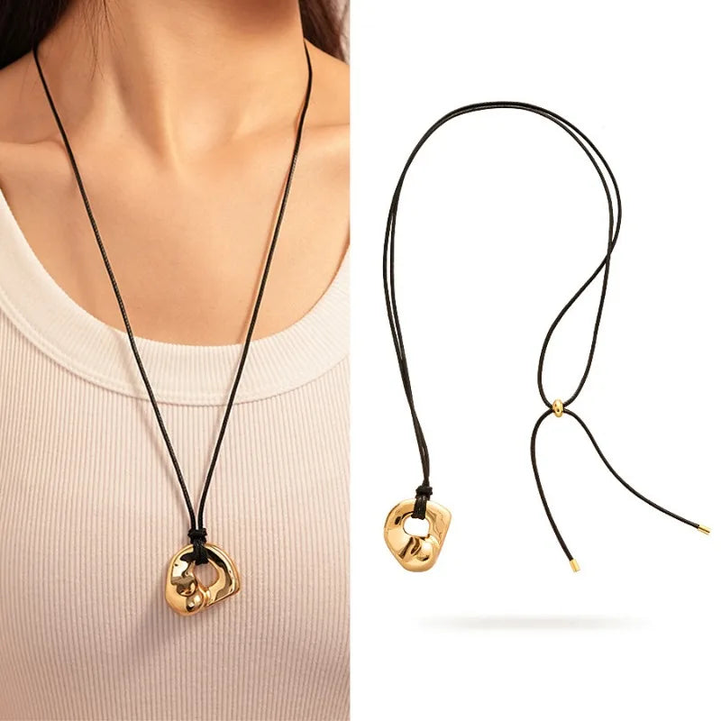 Gold Plated Geometric Circle Pendant Necklace for Women Girls Adjustable Long Leather Rope Chian Necklaces Sweater Chain Jewelry