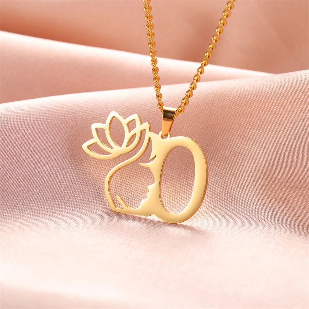 My Shape Beauty Lotus Flower Initials Necklace Women Girl Gifts Stainless Steel Letter Alphabet Pendants Choker Fashion Jewelry