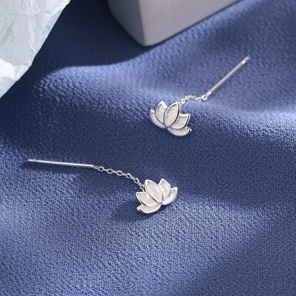 Real 925 Sterling Silver Long Cute Lotus Tassels Drop Earrings for Women Plant Fine Jewelry Allergy Minimalist Accessories