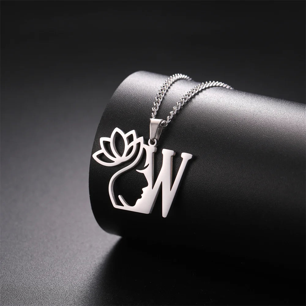 My Shape Beauty Lotus Flower Initials Necklace Women Girl Gifts Stainless Steel Letter Alphabet Pendants Choker Fashion Jewelry