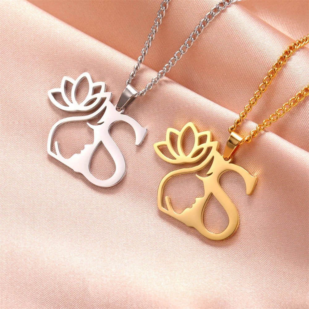 My Shape Beauty Lotus Flower Initials Necklace Women Girl Gifts Stainless Steel Letter Alphabet Pendants Choker Fashion Jewelry