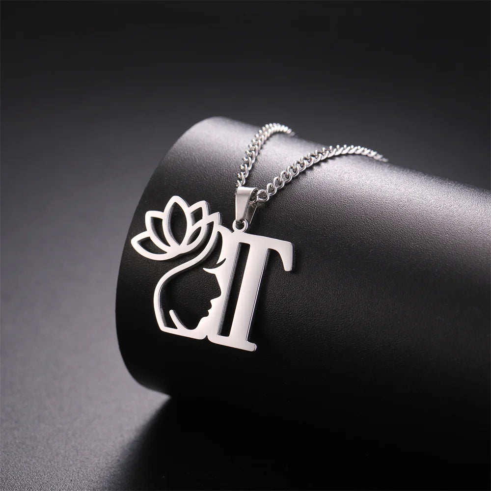 My Shape Beauty Lotus Flower Initials Necklace Women Girl Gifts Stainless Steel Letter Alphabet Pendants Choker Fashion Jewelry