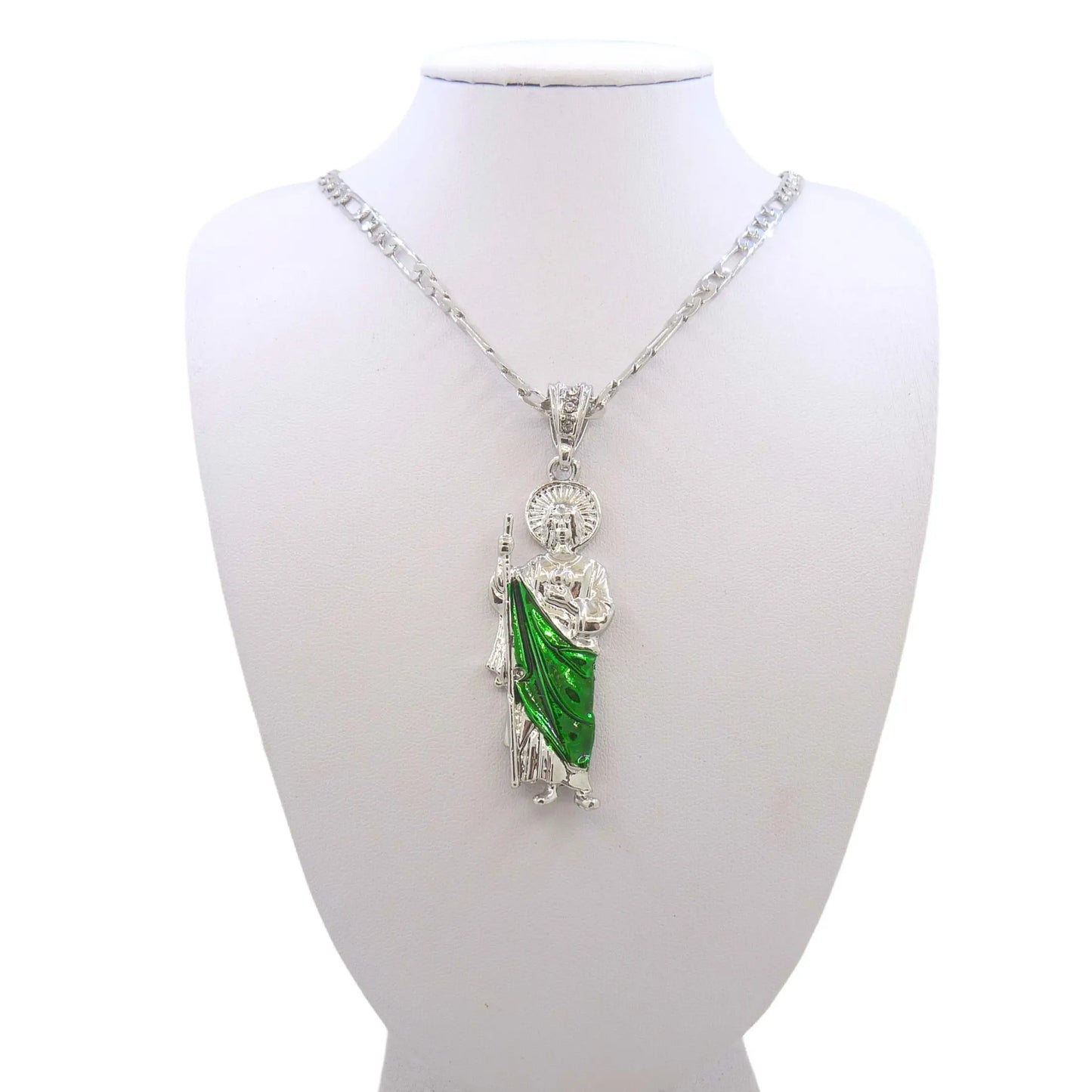 Saint Jude Necklace 14K Gold Plated San Judas Pendant Figaro Chain