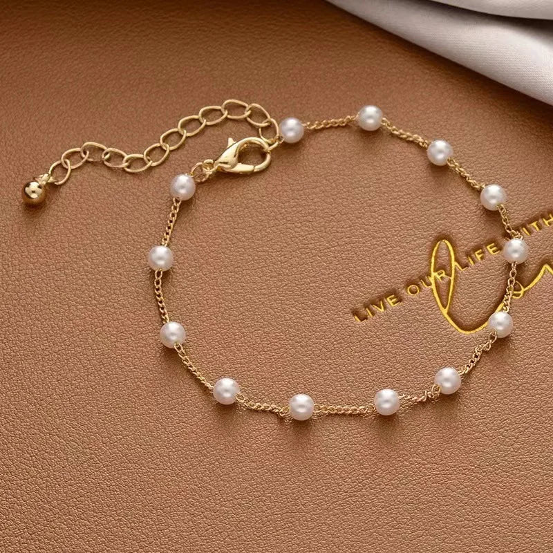 Simple Elegant Imitation Pearl Bracelets Golden Color Beads Chain for Womens Goth Chain Bracelet Bangles Trend Jewelry Gifts