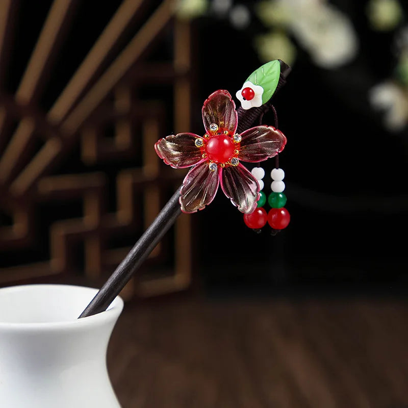 Wooden Hair Stick Chinese Style Winding Flower Hairpin With Tassel Elegant Lady Hair Clip Hair Accessories Vintage Gift