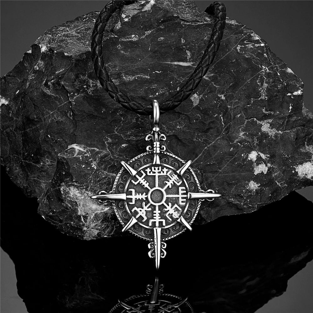 Retro Gold Color Vikings Compass Necklace Men Antique Stainless Steel Norse Rune Amulet Pendant Vegvisir Homme Icelandic Jewelry