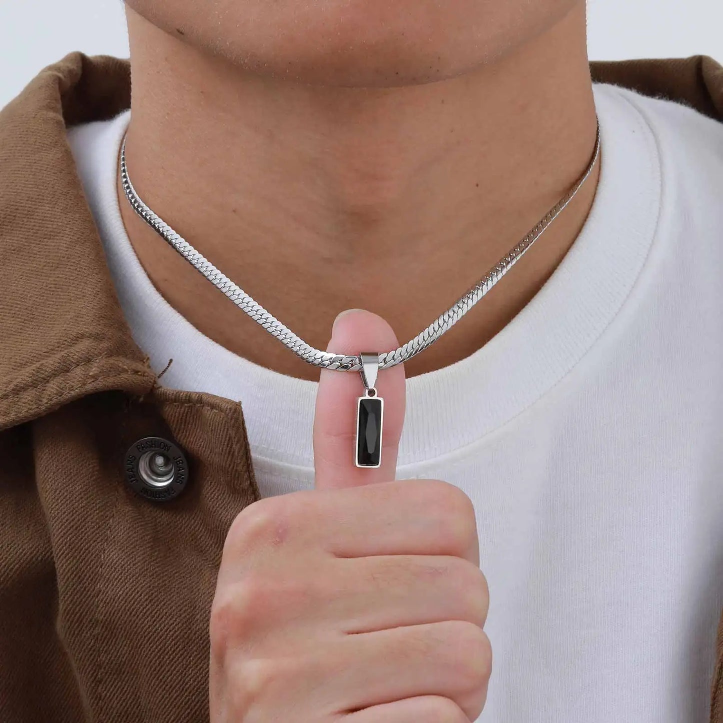 Stylish Mens Geometric Stone Pendent Necklaces,Stainless Steel Flat Cuban Chain Collars,Hip Hop Jewelry Gifts for Him Boys