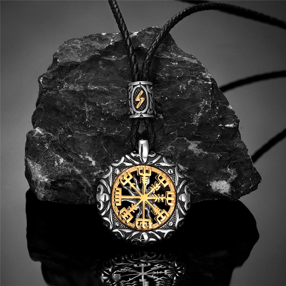 Retro Men Norse Rune Bead Compass Necklace Gold Color Hollow Out Sun Pendant Stainless Steel Vegvisir Amulet Male Viking Jewelry