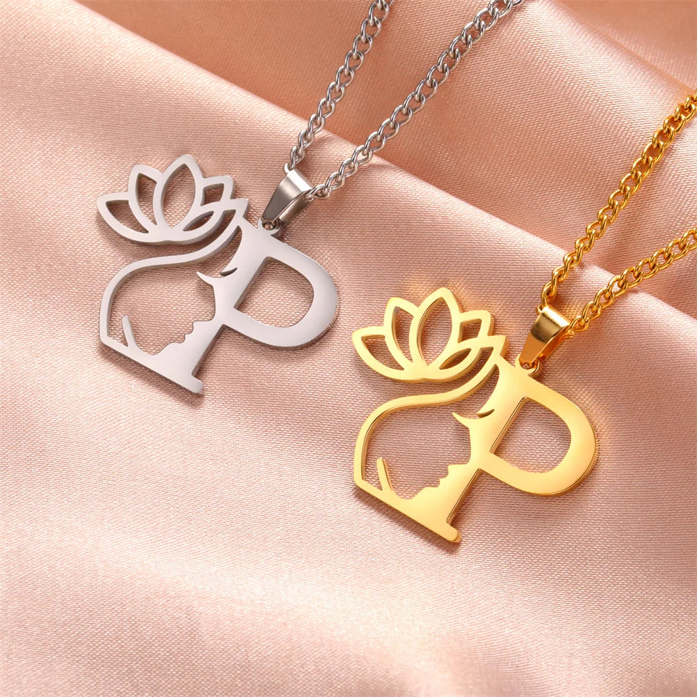 My Shape Beauty Lotus Flower Initials Necklace Women Girl Gifts Stainless Steel Letter Alphabet Pendants Choker Fashion Jewelry