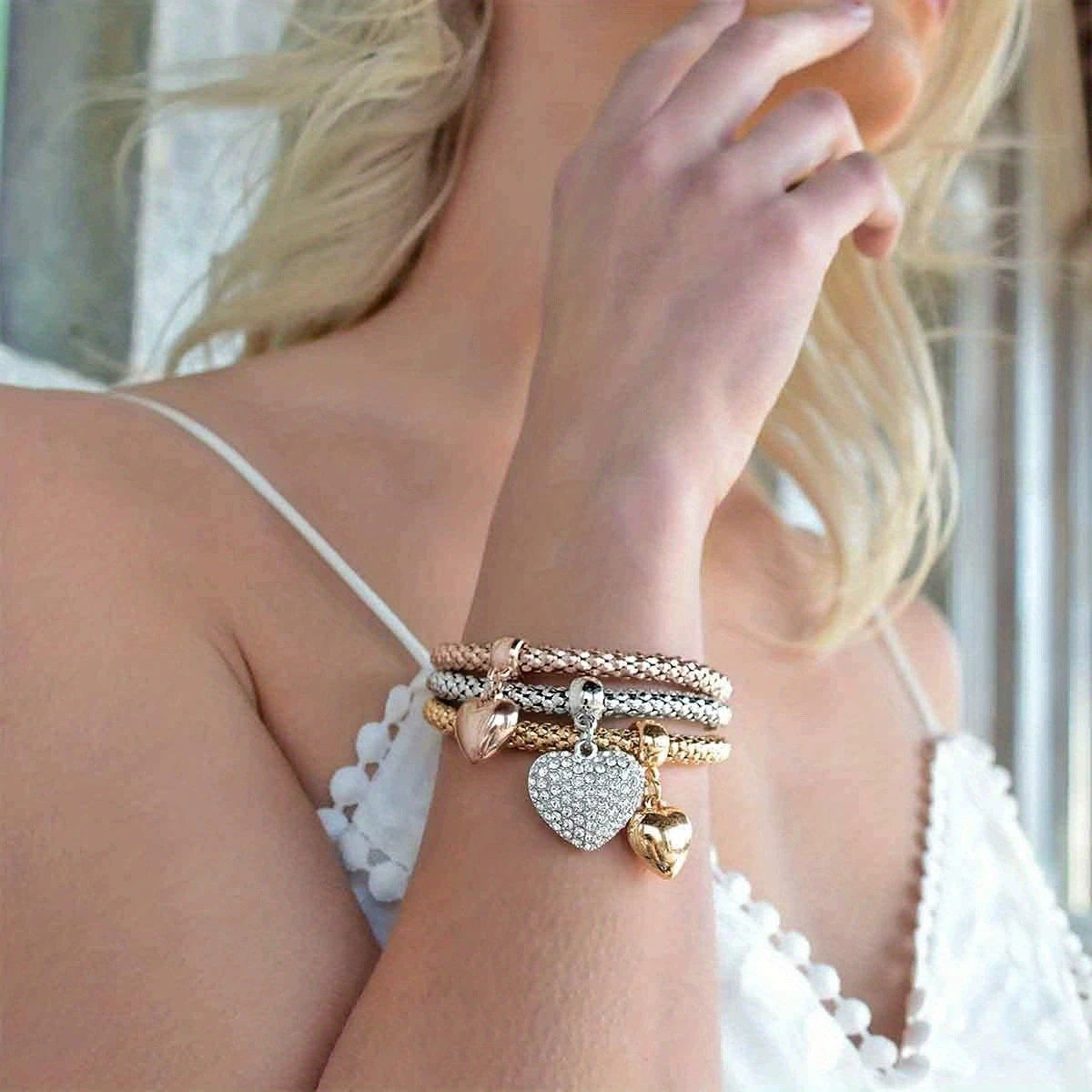 3Pcs Fashion Heart Bracelet Set For Women Crystal Owl Lock Key Music Sign Butterfly Elephant Charm Bangle Party Jewelry Gift