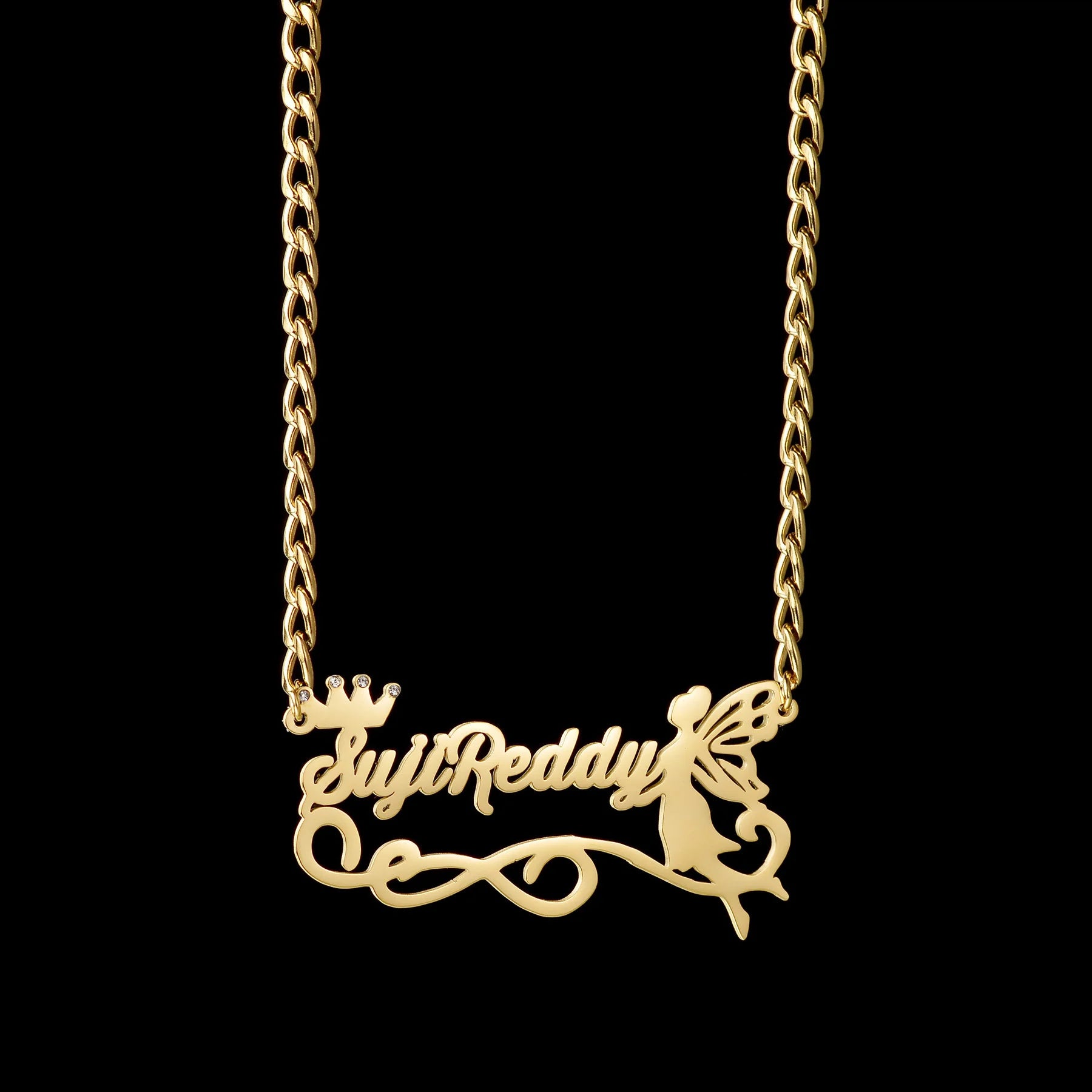 Gold name necklace with decorative elements on a black background