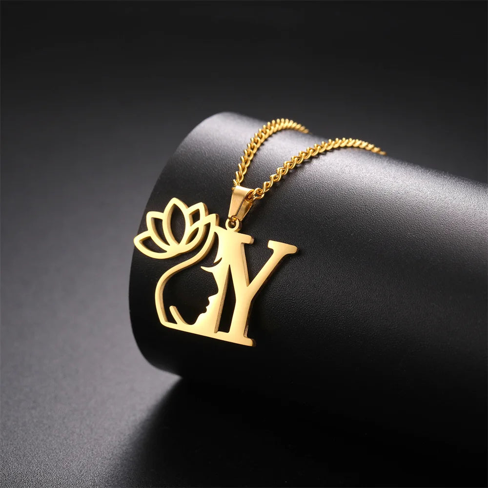 My Shape Beauty Lotus Flower Initials Necklace Women Girl Gifts Stainless Steel Letter Alphabet Pendants Choker Fashion Jewelry