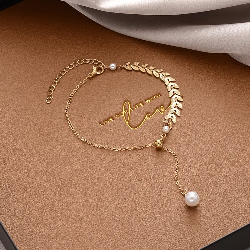 Simple Elegant Imitation Pearl Bracelets Golden Color Beads Chain for Womens Goth Chain Bracelet Bangles Trend Jewelry Gifts