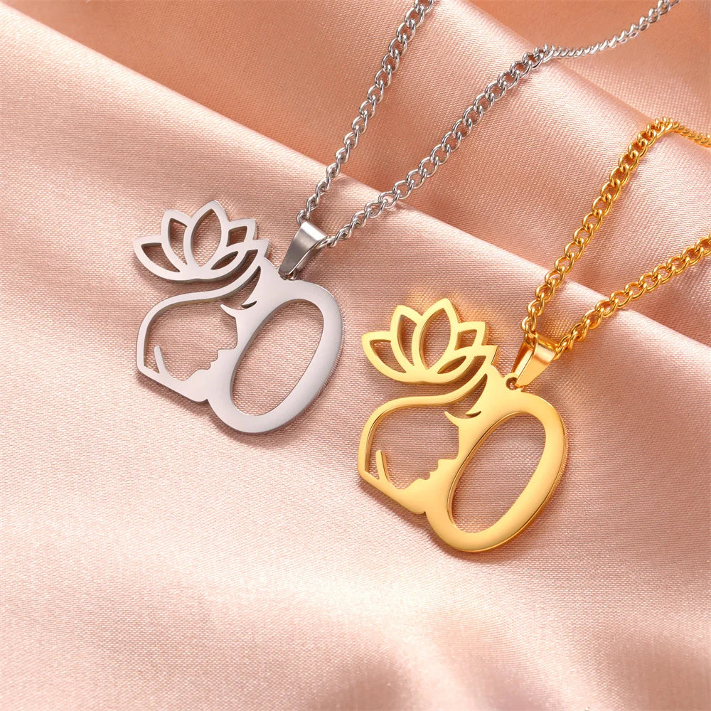 My Shape Beauty Lotus Flower Initials Necklace Women Girl Gifts Stainless Steel Letter Alphabet Pendants Choker Fashion Jewelry