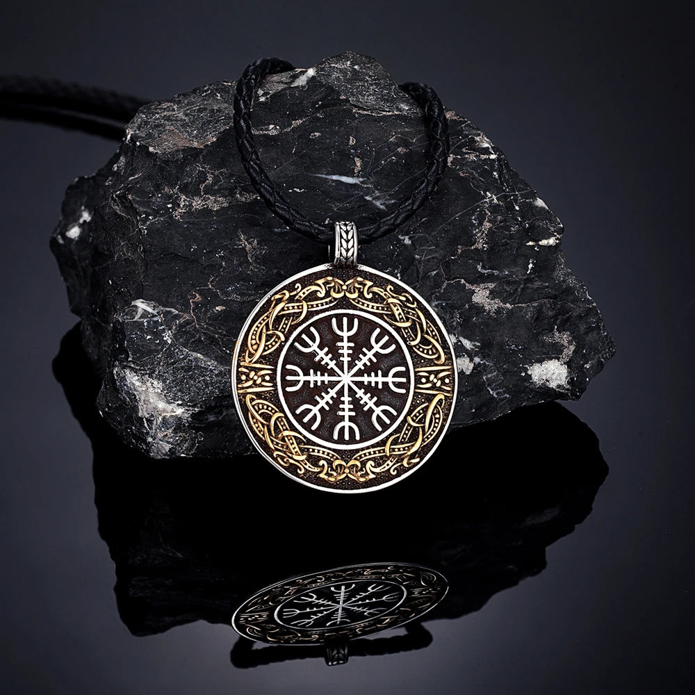 Vintage Ouroboros Vikings Rune Compass Necklace Men Norse Amulet Stainless Steel Pendant Genuine Leather Chain Icelandic Jewelry