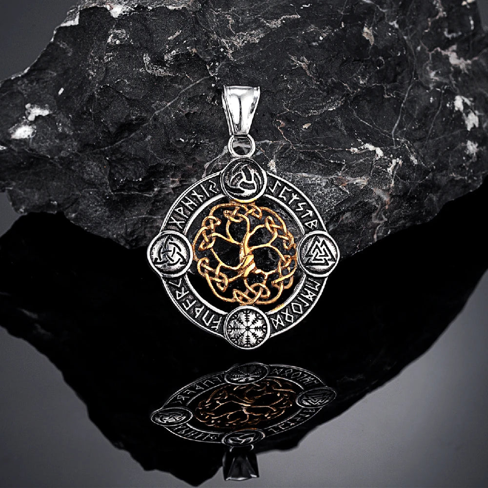 Never Fade Norse Rune Life Tree Necklace Men Gold Color Stainless Steel Pendant Valknut Trinity Male Lucky Amulet Viking Jewelry