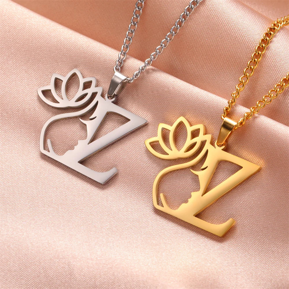 My Shape Beauty Lotus Flower Initials Necklace Women Girl Gifts Stainless Steel Letter Alphabet Pendants Choker Fashion Jewelry