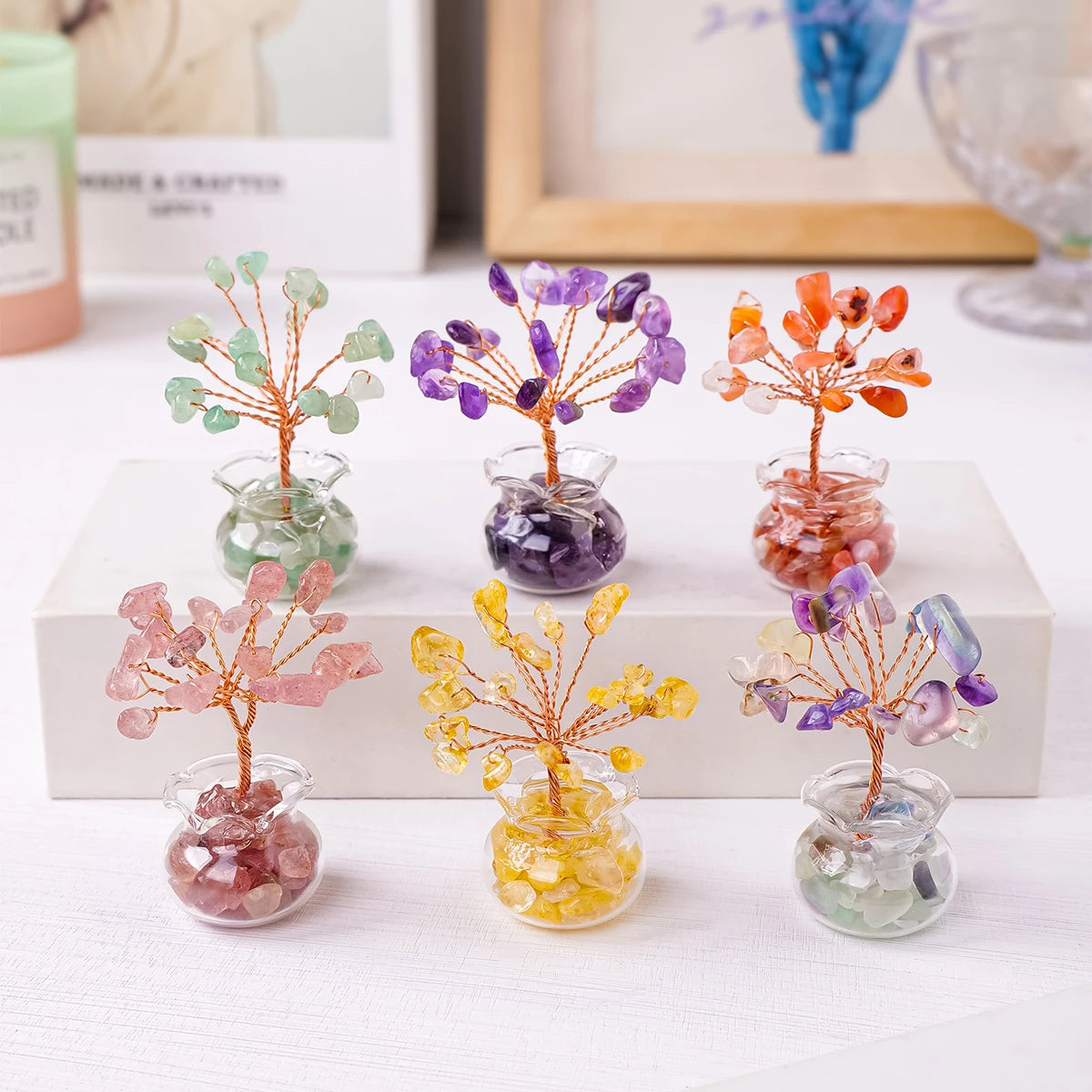 1PC Natural Crystal Macadam Small Tree Reiki Healing Feng Shui Crystal Tree Artificial Bonsai Tabletop Ornaments