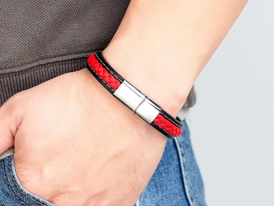 XQNI Black & Red Braided Rope Leather Bracelet Men Stainless Steel Charm Jewelry Bangle for Friend Couple Birthday New Year Gift