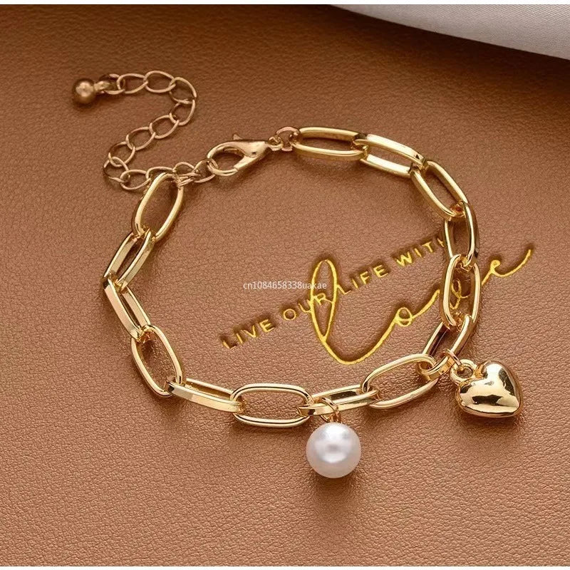 Simple Elegant Imitation Pearl Bracelets Golden Color Beads Chain for Womens Goth Chain Bracelet Bangles Trend Jewelry Gifts