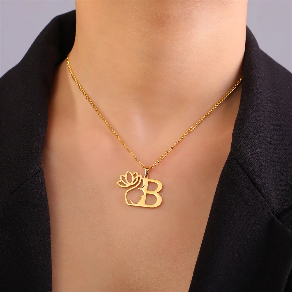 My Shape Beauty Lotus Flower Initials Necklace Women Girl Gifts Stainless Steel Letter Alphabet Pendants Choker Fashion Jewelry