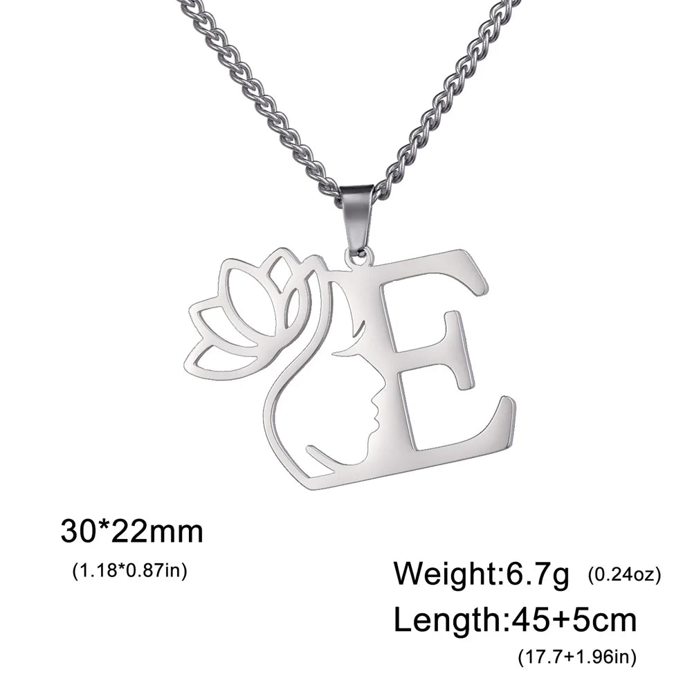 My Shape Beauty Lotus Flower Initials Necklace Women Girl Gifts Stainless Steel Letter Alphabet Pendants Choker Fashion Jewelry