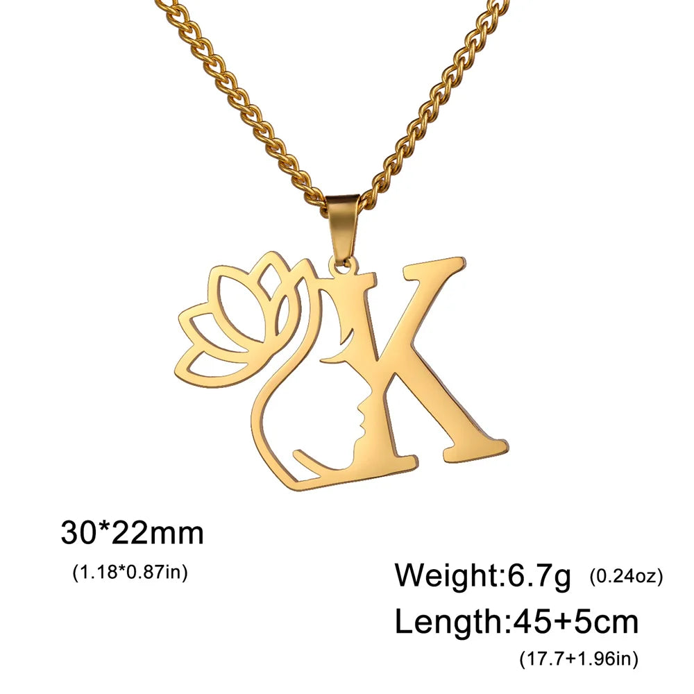 My Shape Beauty Lotus Flower Initials Necklace Women Girl Gifts Stainless Steel Letter Alphabet Pendants Choker Fashion Jewelry