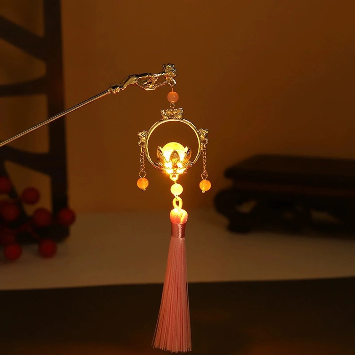 Luminous Flower Hairpin For Women Creative Lotus Emit Light Lantern Tassel Hair Stick Vintage Chinese Style Metal Hair Accessory