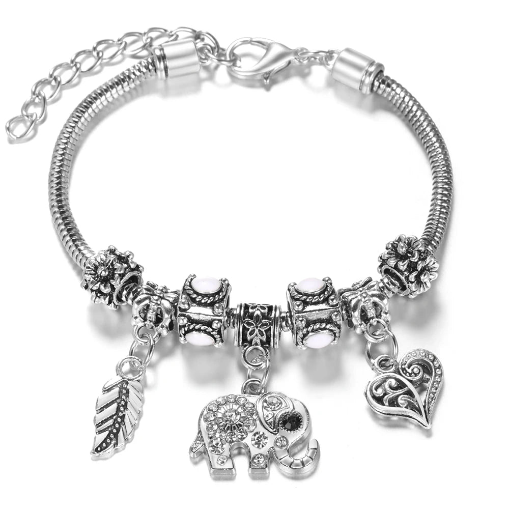 Multi Style Rhinestone 6 Color Beaded Bangle Lobster Buckle Adjustable Snake Chain Elephant Bracelet Pendant Woman Jewelry Gift