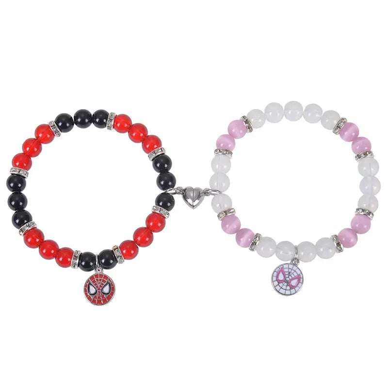 2 pcs of Blue and Pink Beads Cute cat Pendant Heart Shape Magnet Elastic Couple's Bracelets, Bff Trendy Jewelry Gifts