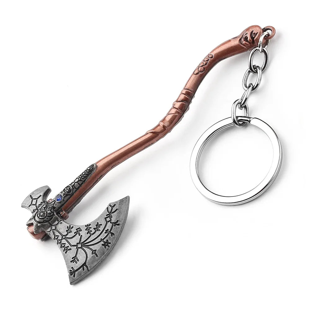 Punk Fashion Jewelry God Of War 4 Kratos Axe Keychains Exquisite Crystal Carved Pattern Axe Pendant Key Holder Souvenir Jewelry