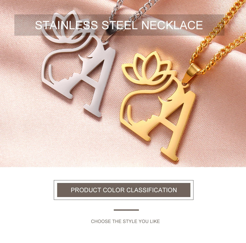 My Shape Beauty Lotus Flower Initials Necklace Women Girl Gifts Stainless Steel Letter Alphabet Pendants Choker Fashion Jewelry