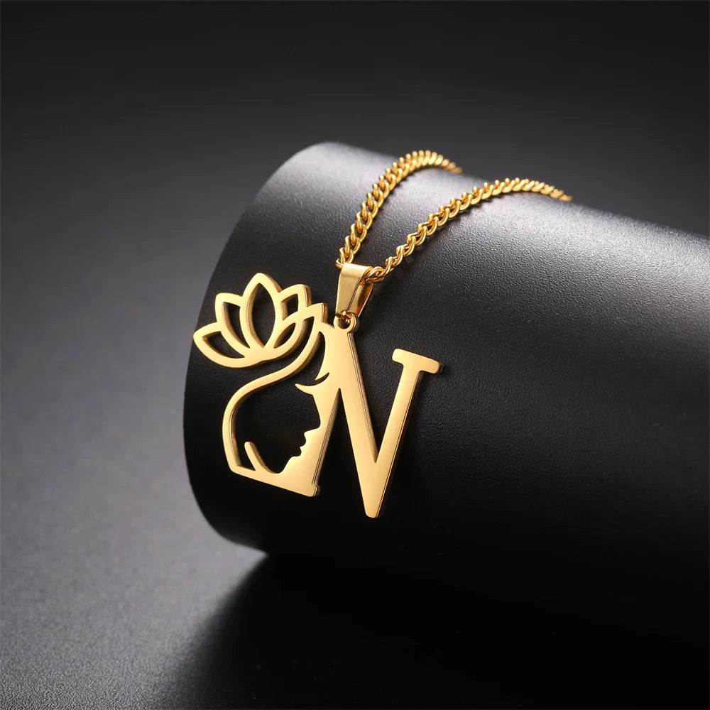 My Shape Beauty Lotus Flower Initials Necklace Women Girl Gifts Stainless Steel Letter Alphabet Pendants Choker Fashion Jewelry