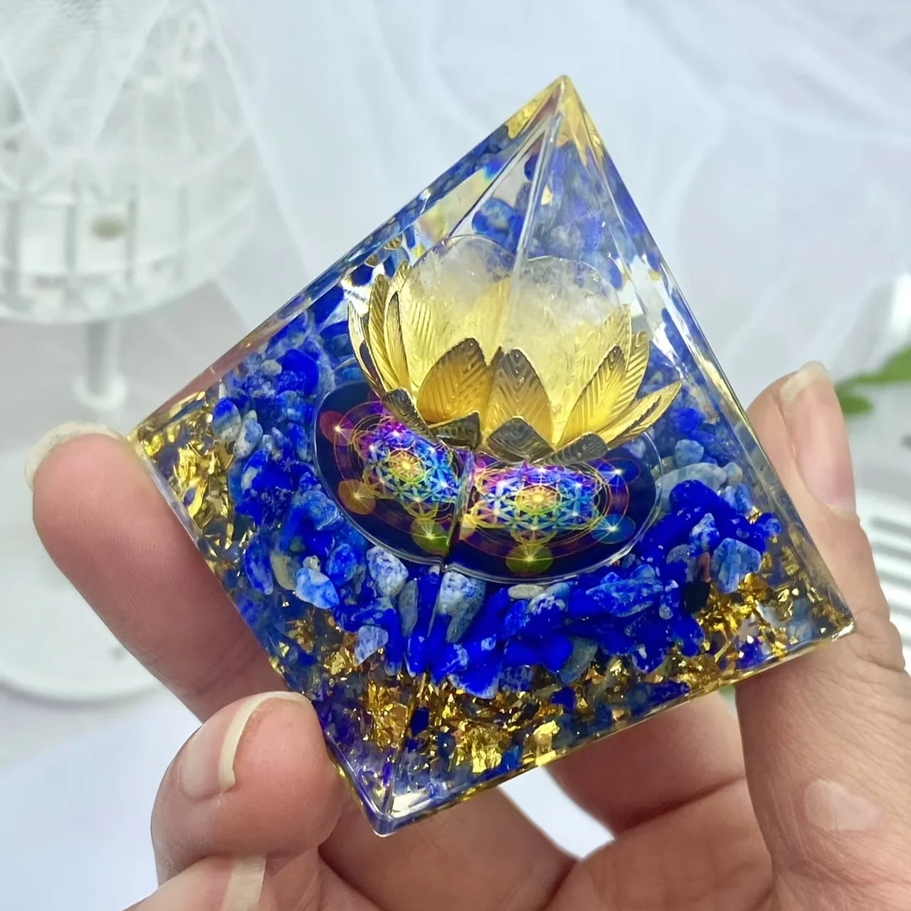 1PC White Lotus Flower Opal Orgone Pyramid Decorative Home Piece Life Flower Design Energy Pyramid for Interior Decoration