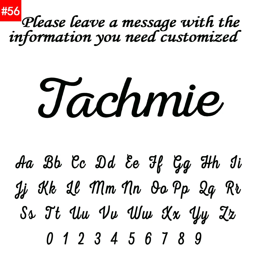 Font sample with the name 'Tachmie' and customizable text elements on a white background.