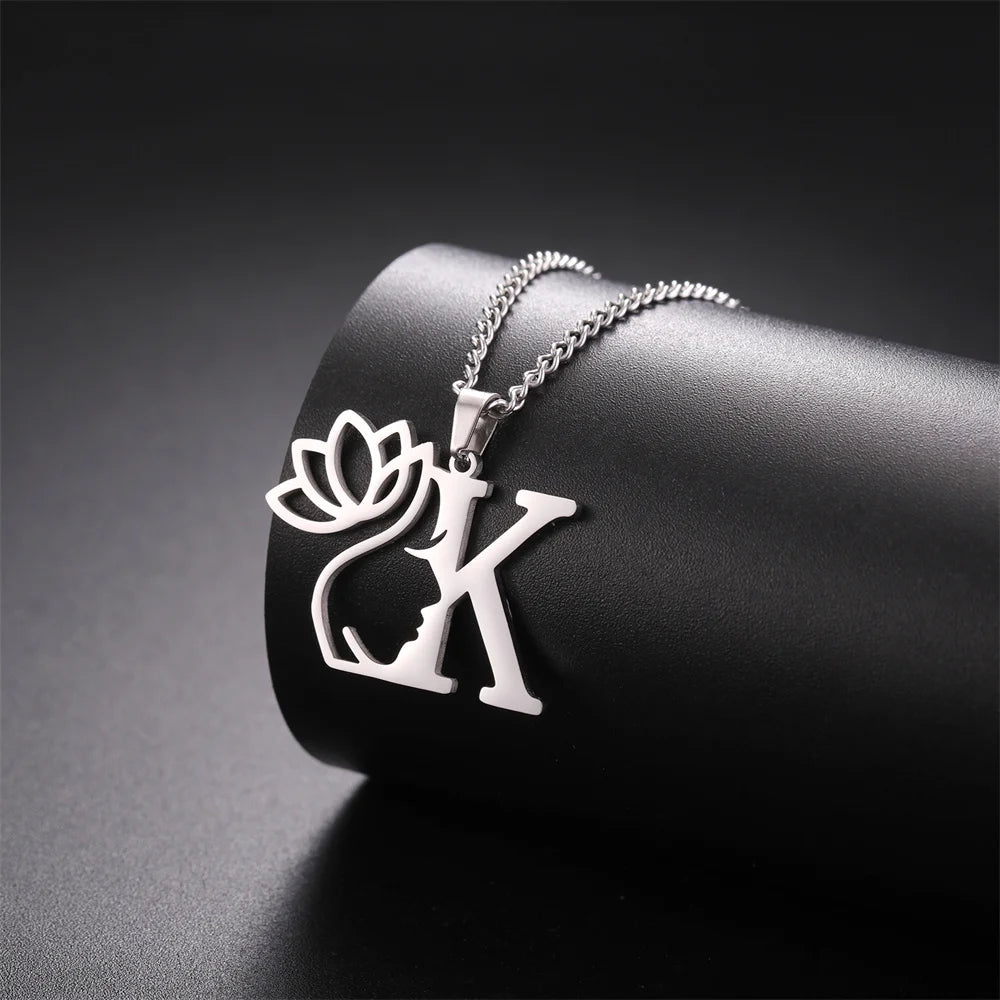 My Shape Beauty Lotus Flower Initials Necklace Women Girl Gifts Stainless Steel Letter Alphabet Pendants Choker Fashion Jewelry