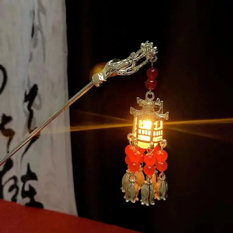 Luminous Flower Hairpin For Women Creative Lotus Emit Light Lantern Tassel Hair Stick Vintage Chinese Style Metal Hair Accessory