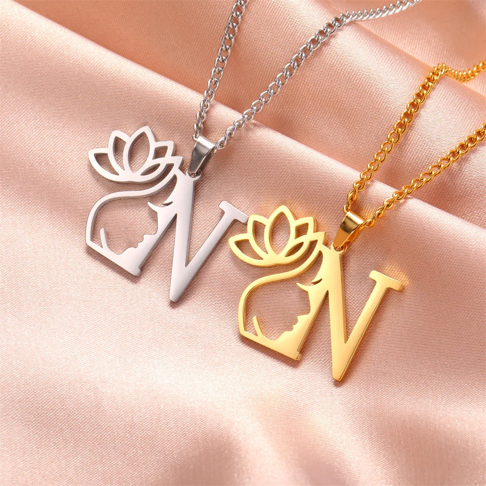 My Shape Beauty Lotus Flower Initials Necklace Women Girl Gifts Stainless Steel Letter Alphabet Pendants Choker Fashion Jewelry