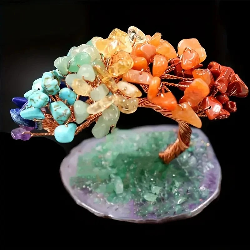 1pc Natural colorful crystal crushed stone Fengtail tree crystal agate piece base copper wire winding fortune tree ornament