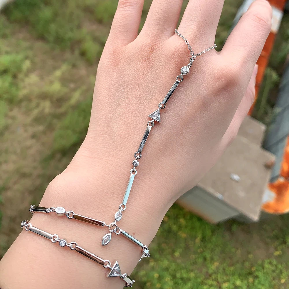 Gold Color Geometric Various Shaped Bezel CZ Plain Bar Charm Double Layer Sexy Fashion Women Hand Chain Bracelets