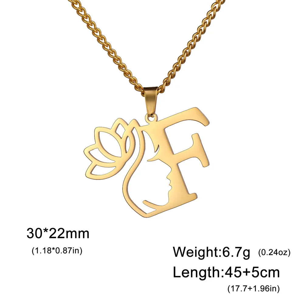 My Shape Beauty Lotus Flower Initials Necklace Women Girl Gifts Stainless Steel Letter Alphabet Pendants Choker Fashion Jewelry