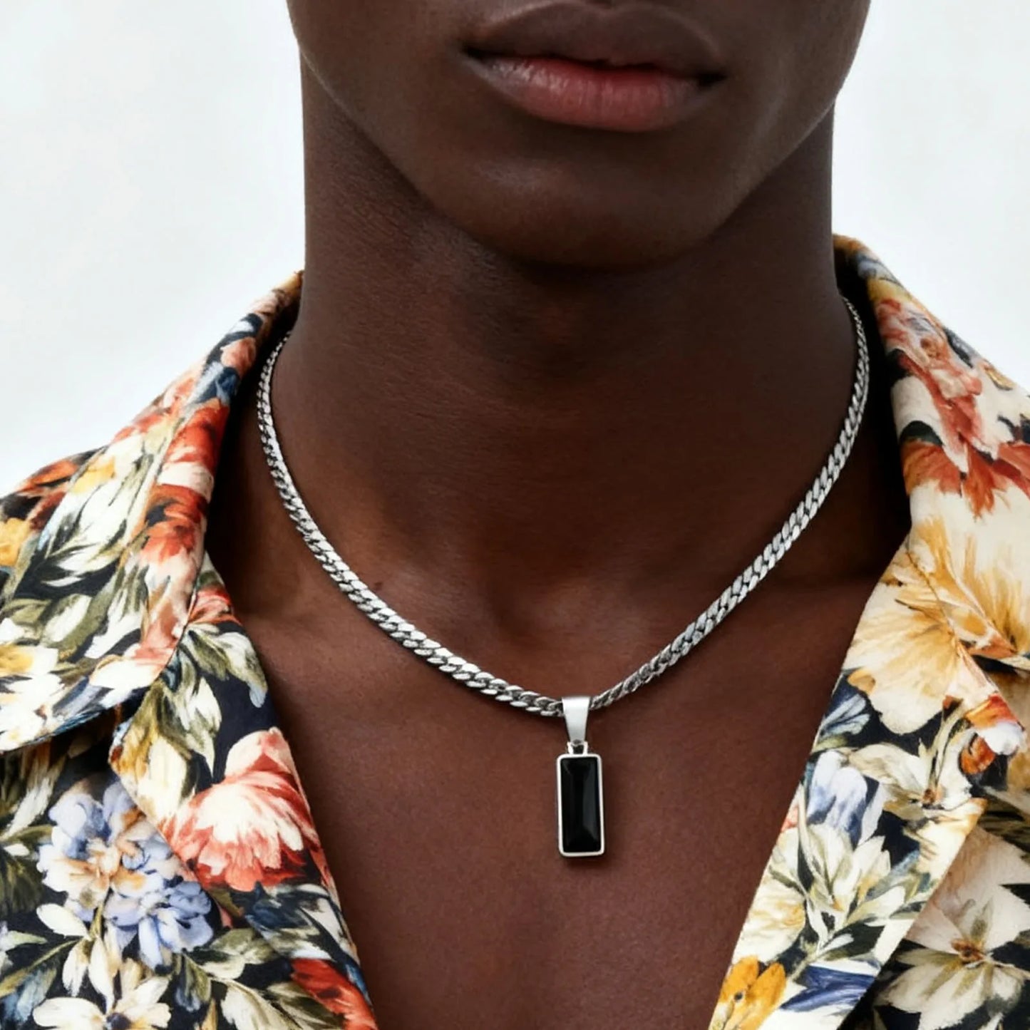Stylish Mens Geometric Stone Pendent Necklaces,Stainless Steel Flat Cuban Chain Collars,Hip Hop Jewelry Gifts for Him Boys