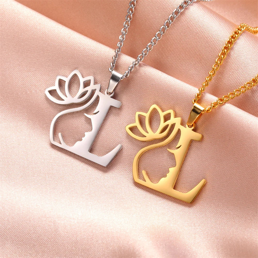 My Shape Beauty Lotus Flower Initials Necklace Women Girl Gifts Stainless Steel Letter Alphabet Pendants Choker Fashion Jewelry