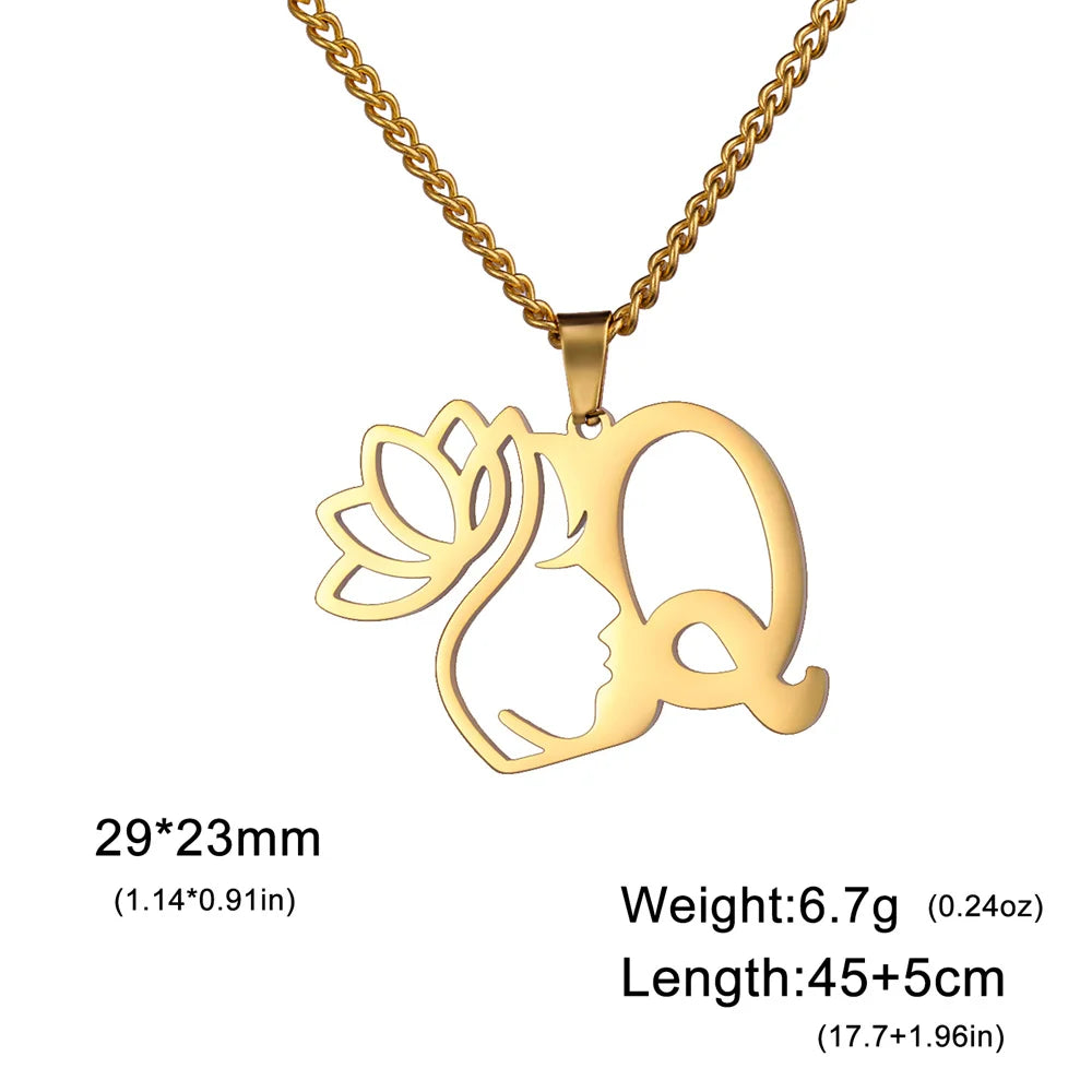 My Shape Beauty Lotus Flower Initials Necklace Women Girl Gifts Stainless Steel Letter Alphabet Pendants Choker Fashion Jewelry